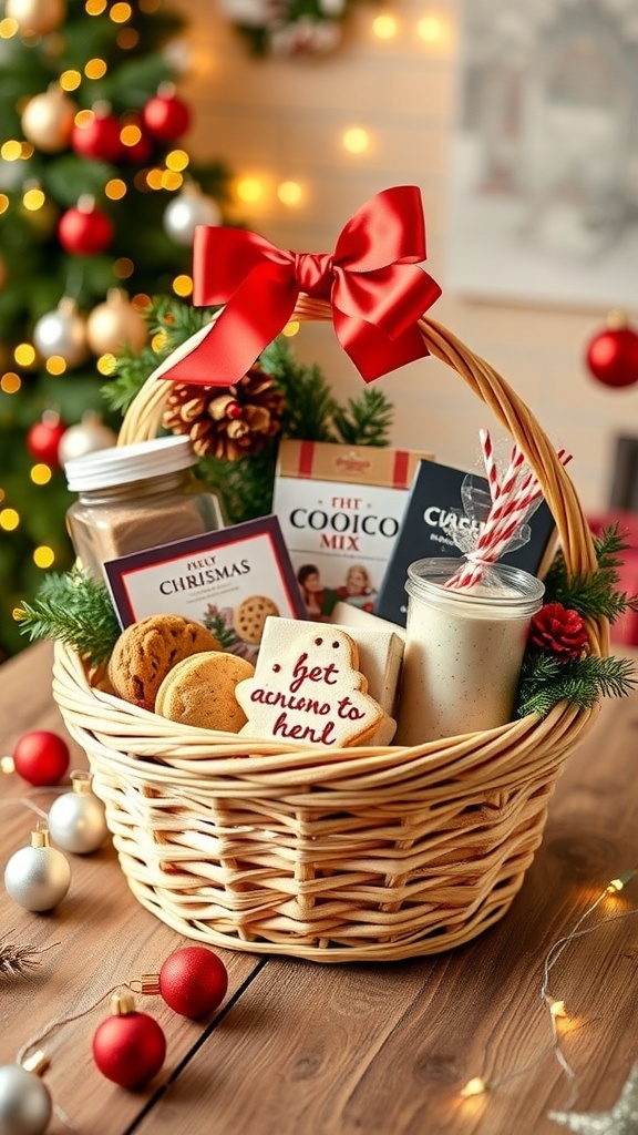 A festive DIY Christmas gift basket with cookies, cocoa, and decorations on a wooden table.